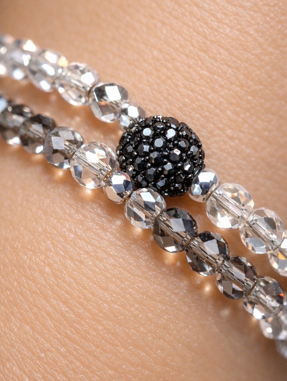 Set of 2 Silver tone Beaded Crystal Ball Stretchy Bracelets - Women's Jewelry